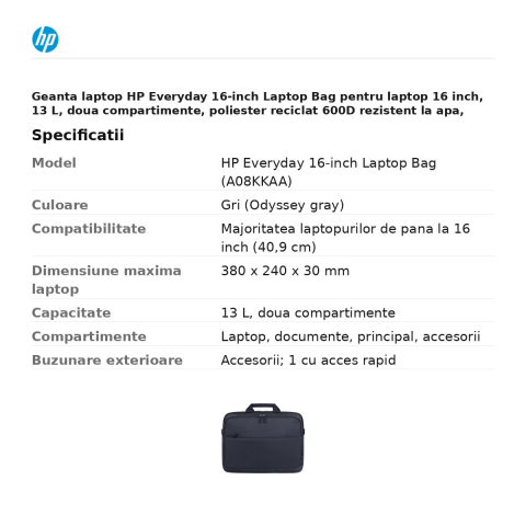 Geanta laptop HP Everyday 16-inch Laptop Bag pentru laptop 16 inch, 13 L, doua compartimente, poliester reciclat 600D rezistent la apa, curea de umar detasabila, gri, A08KKAA [2]