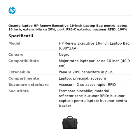 Geanta laptop HP Renew Executive 16-inch Laptop Bag pentru laptop 16 inch, extensibila cu 20%, port USB-C exterior, buzunar RFID, 100% plastic reciclat, negru, 6B8Y2AA [2]