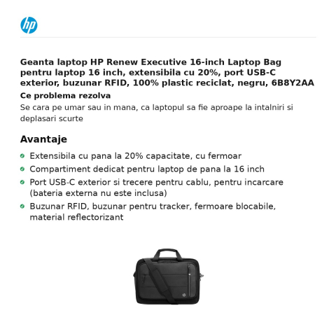 Geanta laptop HP Renew Executive 16-inch Laptop Bag pentru laptop 16 inch, extensibila cu 20%, port USB-C exterior, buzunar RFID, 100% plastic reciclat, negru, 6B8Y2AA [1]