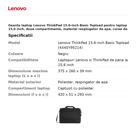 Geanta laptop Lenovo ThinkPad 15.6-inch Basic Topload pentru laptop 15,6 inch, doua compartimente, material respingator de apa, curea de umar reglabila, negru, 4X40Y95214 [2]