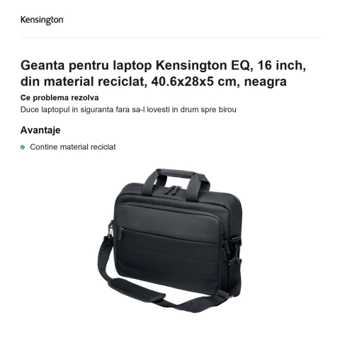 Geanta pentru laptop Kensington EQ, 16 inch, din material reciclat, 40.6x28x5 cm, neagra [1]
