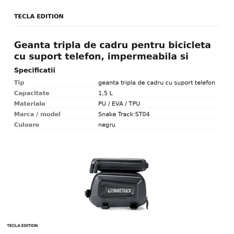 Geanta tripla de cadru pentru bicicleta cu suport telefon, impermeabila si rigidizata (hard-shell), 1,5 L, Snake Track ST04, neagra [2]