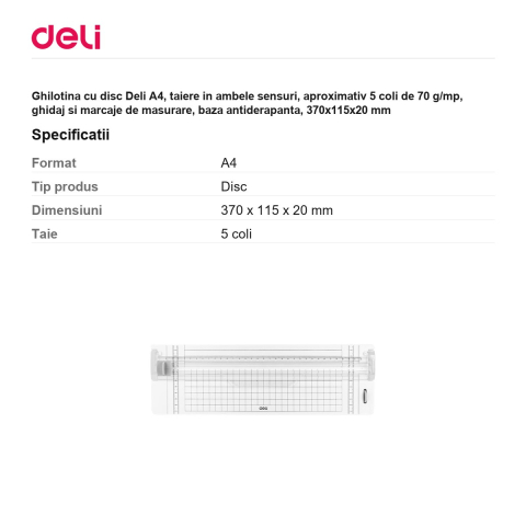 Ghilotina cu disc Deli A4, taiere in ambele sensuri, aproximativ 5 coli de 70 g/mp, ghidaj si marcaje de masurare, baza antiderapanta, 370x115x20 mm [2]
