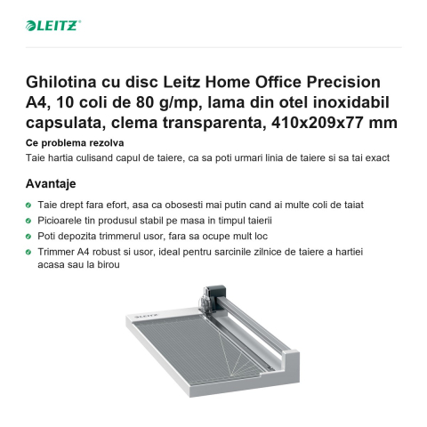 Ghilotina cu disc Leitz Home Office Precision A4, 10 coli de 80 g/mp, lama din otel inoxidabil capsulata, clema transparenta, 410x209x77 mm [1]
