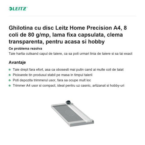 Ghilotina cu disc Leitz Home Precision A4, 8 coli de 80 g/mp, lama fixa capsulata, clema transparenta, pentru acasa si hobby [1]