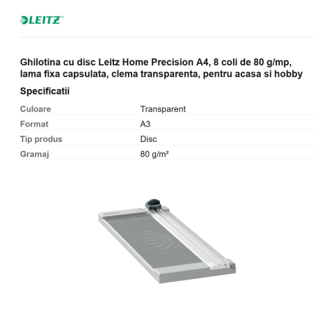 Ghilotina cu disc Leitz Home Precision A4, 8 coli de 80 g/mp, lama fixa capsulata, clema transparenta, pentru acasa si hobby [2]