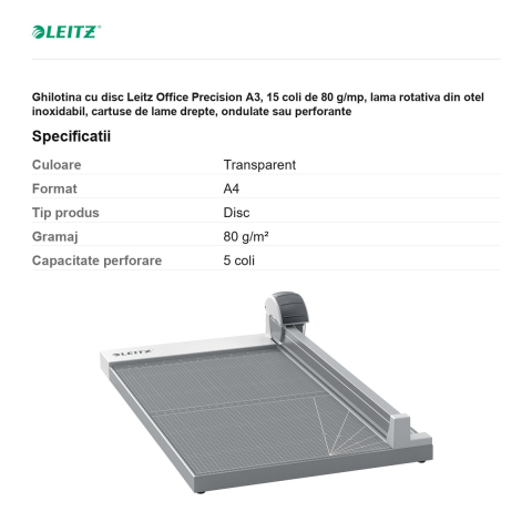 Ghilotina cu disc Leitz Office Precision A3, 15 coli de 80 g/mp, lama rotativa din otel inoxidabil, cartuse de lame drepte, ondulate sau perforante [2]