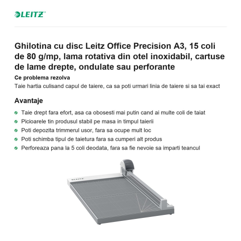 Ghilotina cu disc Leitz Office Precision A3, 15 coli de 80 g/mp, lama rotativa din otel inoxidabil, cartuse de lame drepte, ondulate sau perforante [1]
