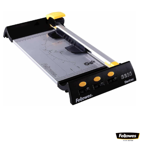 Ghilotine pentru hârtie - Ghilotina cu disc rotativ, Fellowes Electron A4, pentru birouri mici, taiere A4, capacitate 10 coli, sistem SafeCut, baza metalica