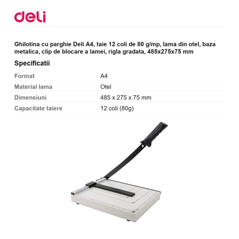 Ghilotina cu parghie Deli A4, taie 12 coli de 80 g/mp, lama din otel, baza metalica, clip de blocare a lamei, rigla gradata, 485x275x75 mm [2]