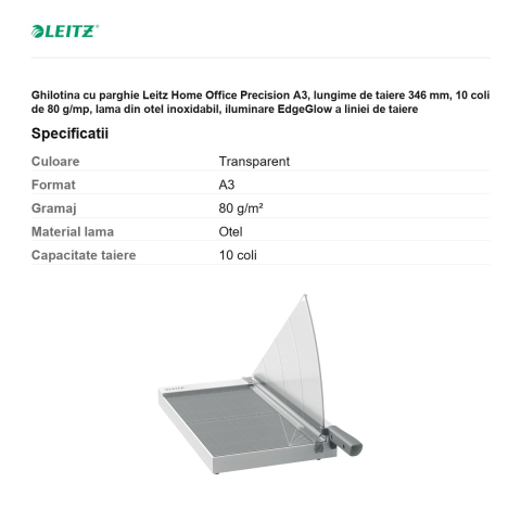 Ghilotina cu parghie Leitz Home Office Precision A3, lungime de taiere 346 mm, 10 coli de 80 g/mp, lama din otel inoxidabil, iluminare EdgeGlow a liniei de taiere [2]