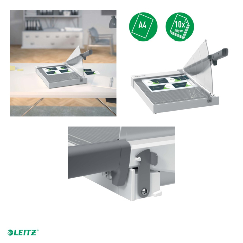 Ghilotina cu parghie Leitz Home Office Precision A4, 10 coli de 80 g/mp, lama din otel inoxidabil, iluminare EdgeGlow a liniei de taiere, clema transparenta, 298x262x498 mm [3]