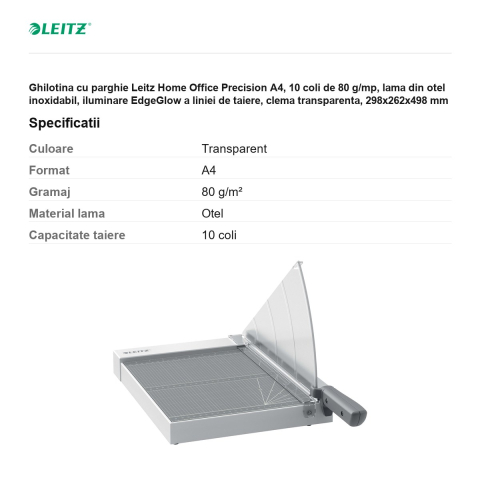 Ghilotina cu parghie Leitz Home Office Precision A4, 10 coli de 80 g/mp, lama din otel inoxidabil, iluminare EdgeGlow a liniei de taiere, clema transparenta, 298x262x498 mm [2]