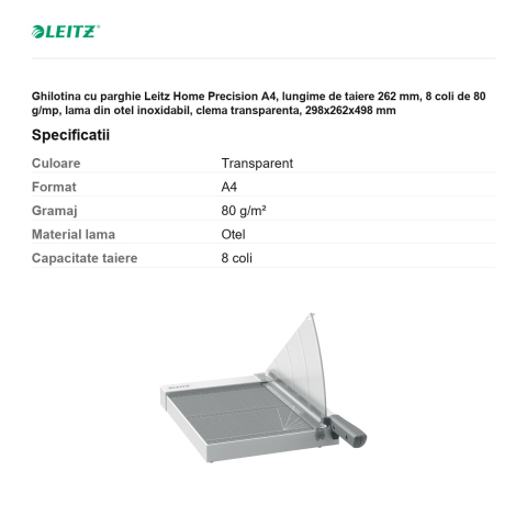Ghilotina cu parghie Leitz Home Precision A4, lungime de taiere 262 mm, 8 coli de 80 g/mp, lama din otel inoxidabil, clema transparenta, 298x262x498 mm [2]