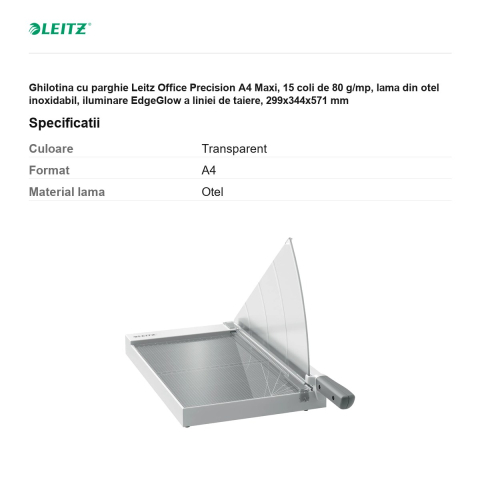 Ghilotina cu parghie Leitz Office Precision A4 Maxi, 15 coli de 80 g/mp, lama din otel inoxidabil, iluminare EdgeGlow a liniei de taiere, 299x344x571 mm [2]