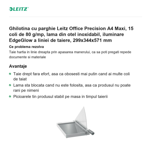Ghilotina cu parghie Leitz Office Precision A4 Maxi, 15 coli de 80 g/mp, lama din otel inoxidabil, iluminare EdgeGlow a liniei de taiere, 299x344x571 mm [1]