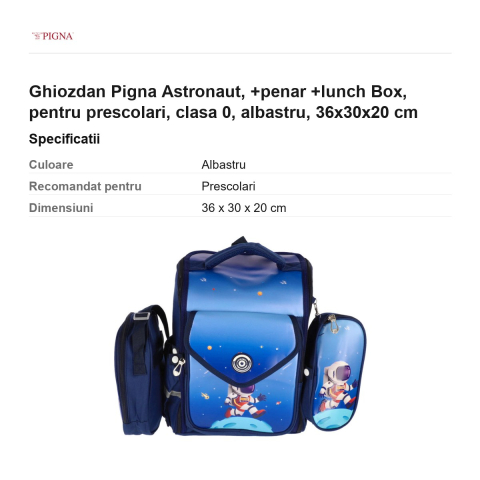 Ghiozdan Pigna Astronaut, pentru prescolari, +penar +lunch box, albastru, 36x30x20 cm [2]