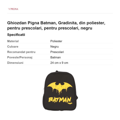 Ghiozdan Pigna Batman, din poliester, pentru prescolari, negru [2]