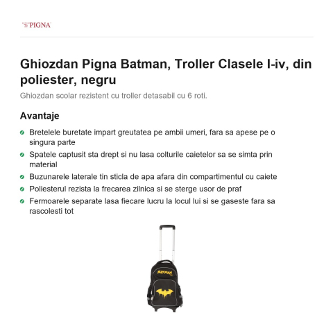 Ghiozdan Pigna Batman, din poliester, troller clasele I-IV, negru [1]