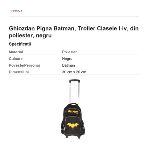 Ghiozdan Pigna Batman, din poliester, troller clasele I-IV, negru [2]