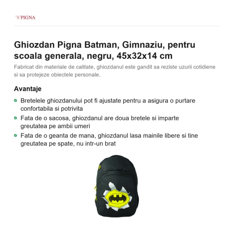 Ghiozdan Pigna Batman, pentru scoala generala, negru, 45x32x14 cm [1]
