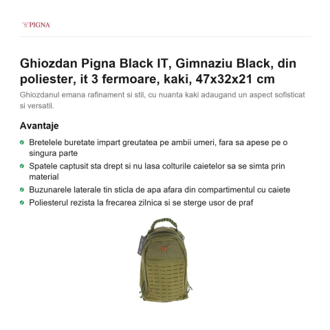 Ghiozdan Pigna Black IT, din poliester, gimnaziu 3 fermoare, kaki, 47x32x21 cm [1]