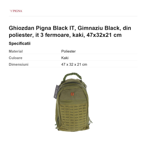 Ghiozdan Pigna Black IT, din poliester, gimnaziu 3 fermoare, kaki, 47x32x21 cm [2]