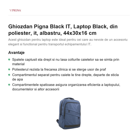 Ghiozdan Pigna Black IT, din poliester, laptop, albastru, 44x30x16 cm [1]