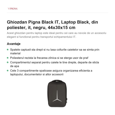 Ghiozdan Pigna Black IT, din poliester, laptop, negru, 44x30x15 cm [1]