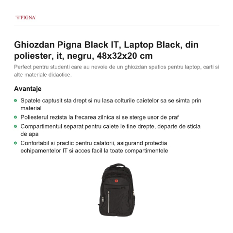 Ghiozdan Pigna Black IT, din poliester, laptop, negru, 48x32x20 cm [1]