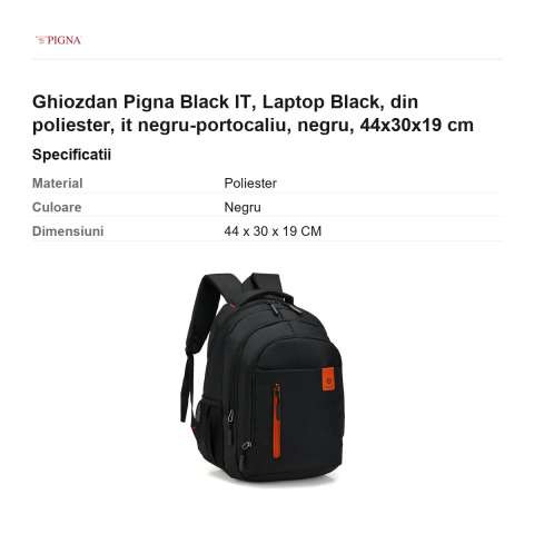 Ghiozdan Pigna Black IT, din poliester, laptop negru-portocaliu, negru, 44x30x19 cm [2]