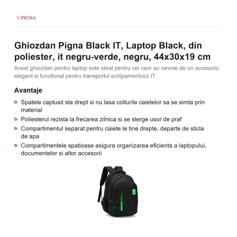 Ghiozdan Pigna Black IT, din poliester, laptop negru-verde, negru, 44x30x19 cm [1]