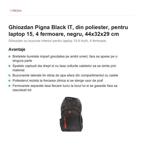 Ghiozdan Pigna Black IT, din poliester, pentru laptop 15.6 inchi, 4 fermoare, negru, 44x32x29 cm [1]