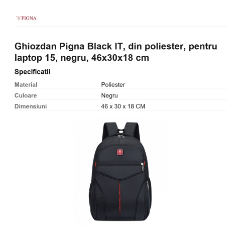 Ghiozdan Pigna Black IT, din poliester, pentru laptop 15.6", negru, 46x30x18 cm [2]