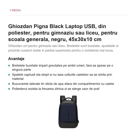 Ghiozdan Pigna Black Laptop USB, din poliester, pentru gimnaziu sau liceu, negru, 45x30x10 cm [1]