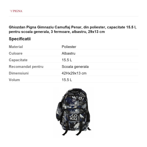 Ghiozdan Pigna Camuflaj Penar, din poliester, capacitate 15.5 l, pentru scoala generala, 3 fermoare, albastru, 29x13 cm [2]