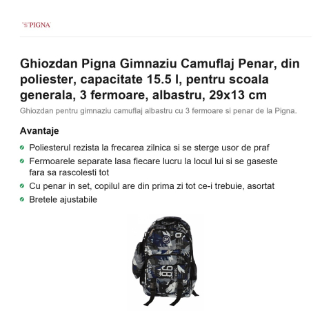 Ghiozdan Pigna Camuflaj Penar, din poliester, capacitate 15.5 l, pentru scoala generala, 3 fermoare, albastru, 29x13 cm [1]
