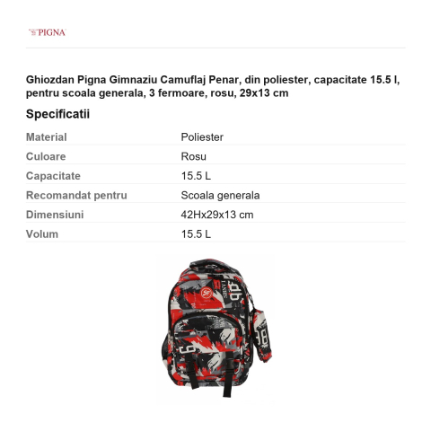 Ghiozdan Pigna Camuflaj Penar, din poliester, capacitate 15.5 l, pentru scoala generala, 3 fermoare, rosu, 29x13 cm [2]