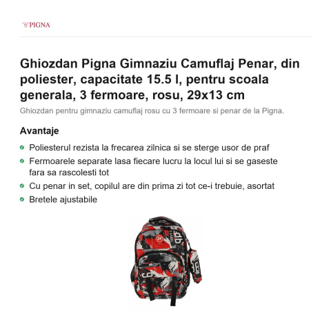 Ghiozdan Pigna Camuflaj Penar, din poliester, capacitate 15.5 l, pentru scoala generala, 3 fermoare, rosu, 29x13 cm [1]