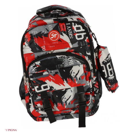 Ghiozdane si rucsacuri scolare - Ghiozdan Pigna Camuflaj Penar, din poliester, capacitate 15.5 l, pentru scoala generala, 3 fermoare, rosu, 29x13 cm