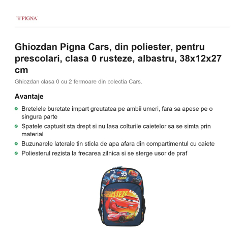 Ghiozdan Pigna Cars, din poliester, pentru prescolari, rusteze, albastru, 38x12x27 cm [1]