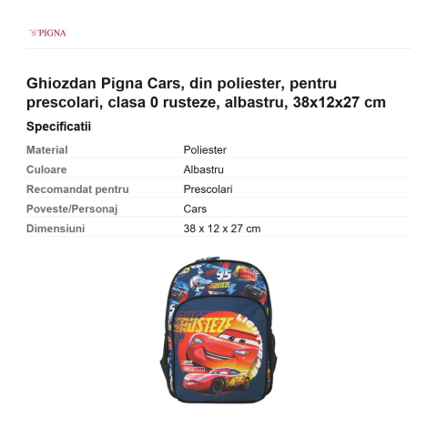 Ghiozdan Pigna Cars, din poliester, pentru prescolari, rusteze, albastru, 38x12x27 cm [2]