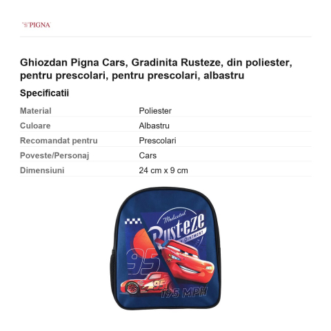 Ghiozdan Pigna Cars, din poliester, pentru prescolari, rusteze, albastru [2]