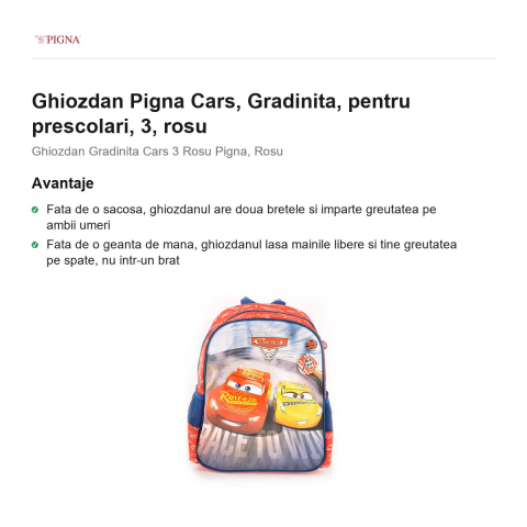 Ghiozdan Pigna Cars, pentru prescolari, 3, rosu [1]