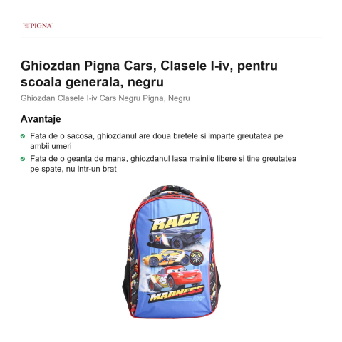 Ghiozdan Pigna Cars, pentru scoala generala, I-IV, negru [1]