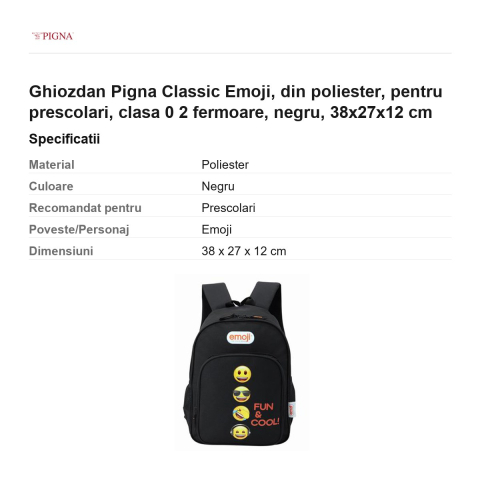 Ghiozdan Pigna Classic Emoji, din poliester, pentru prescolari, 2 fermoare, negru, 38x27x12 cm [2]