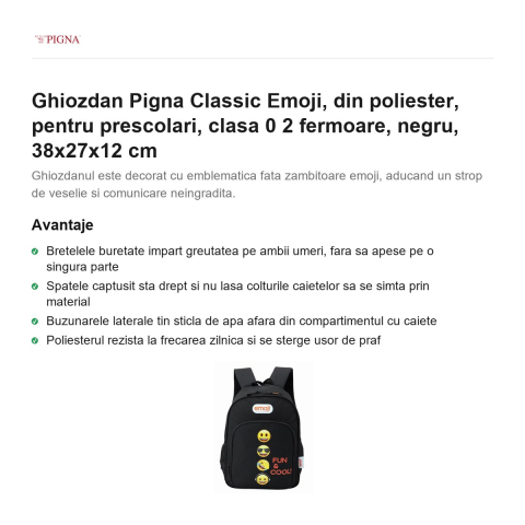 Ghiozdan Pigna Classic Emoji, din poliester, pentru prescolari, 2 fermoare, negru, 38x27x12 cm [1]