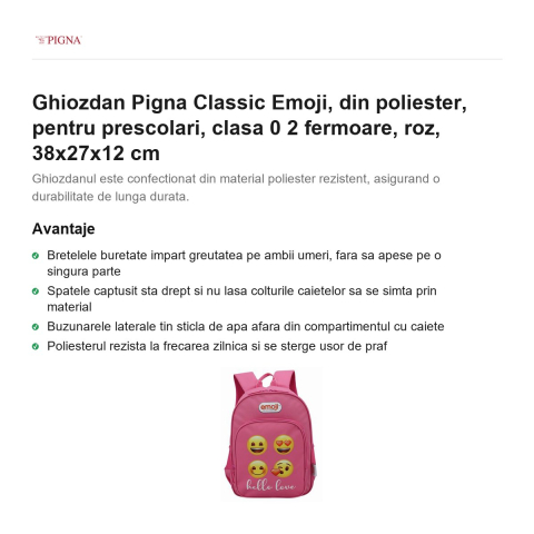 Ghiozdan Pigna Classic Emoji, din poliester, pentru prescolari, 2 fermoare, roz, 38x27x12 cm [1]