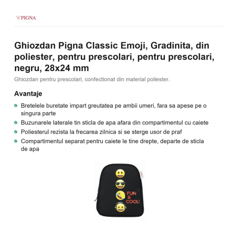 Ghiozdan Pigna Classic Emoji, din poliester, pentru prescolari, negru, 28x24 mm [1]