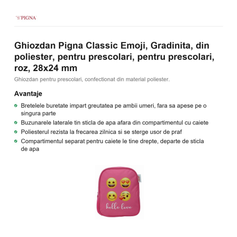 Ghiozdan Pigna Classic Emoji, din poliester, pentru prescolari, roz, 28x24 mm [1]